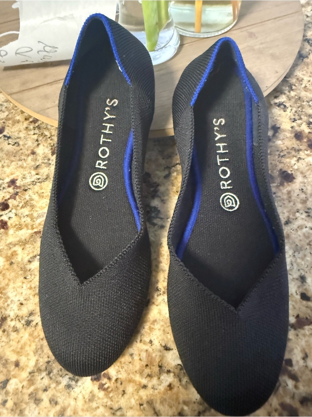 Rothy's Black Pointed Knit Flats with Blue Trim 9